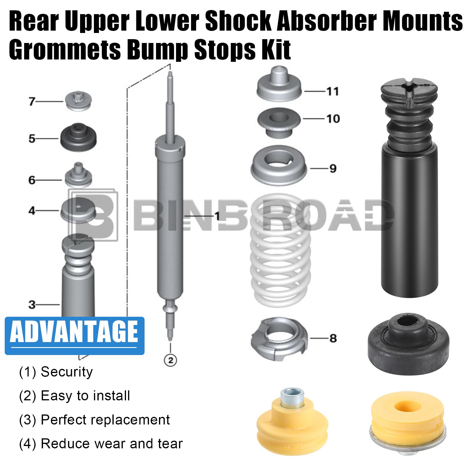 33506771738 + 33506771737 + 33536767334 + 33506767010 Rear Upper Lower Shock Absorber Mounts Grommets Bump Stops Kit